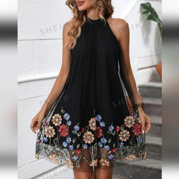 Stylish Mesh Overlay Swing Dress With Embroidered Flowers - Picture 3 of 8